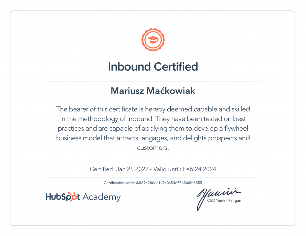 Inbound Marketing Certification Mariusz Maćkowiak