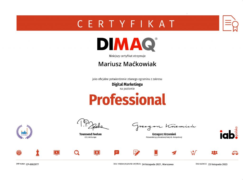 DIMAQ Professional certyfication Mariusz Maćkowiak