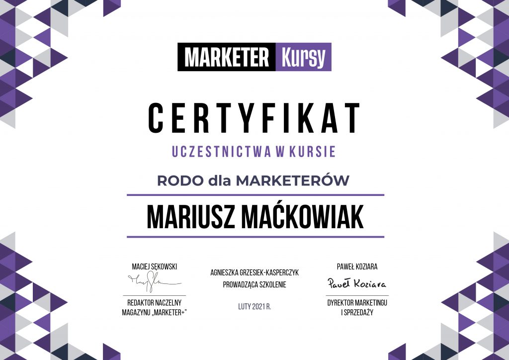 RODO for marketeres certification Mariusz Maćkowiak