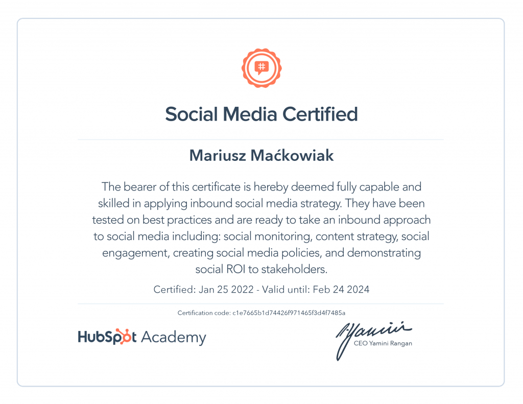 Social Media marketing certificate Mariusz Maćkowiak