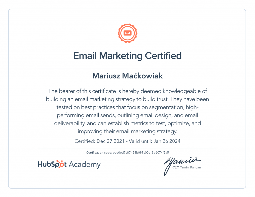 Email marketing certification Mariusz Maćkowiak