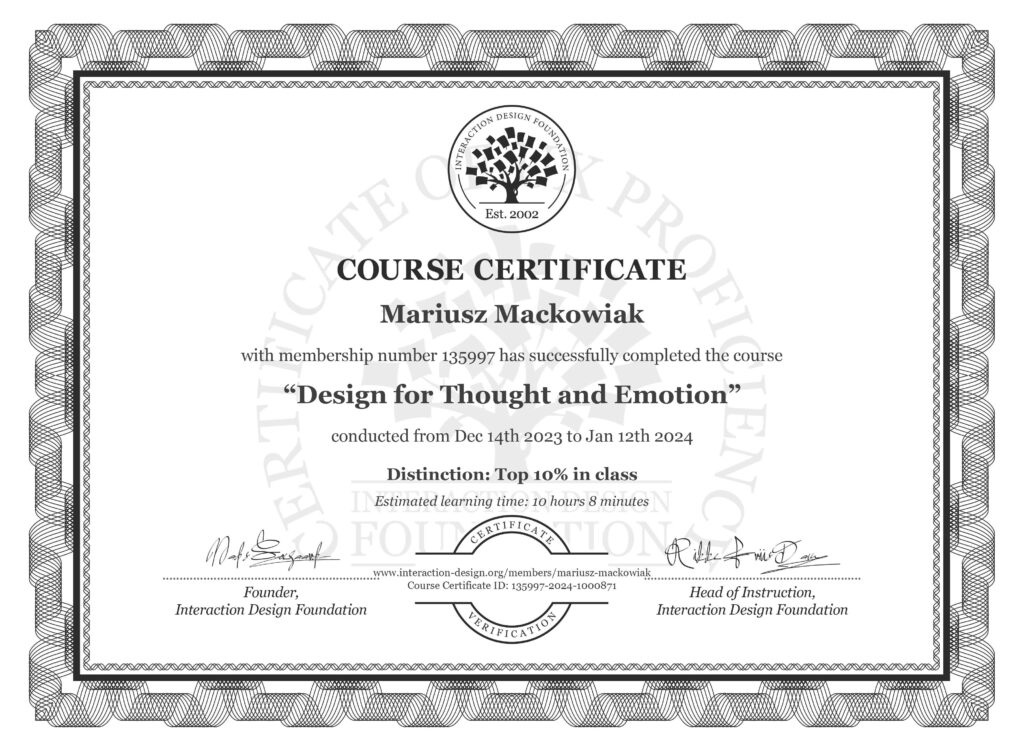 Mariusz Maćkowiak UX manager Design for thought and emotion certificate